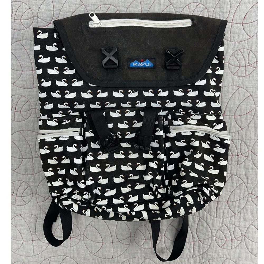 KAVU Backpack Black White Swan Print Canvas Buckle / Women's One Size